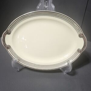 VTG Taylor Smith Taylor Oval Platter Silver Stripe Art Deco Cream 11.5in